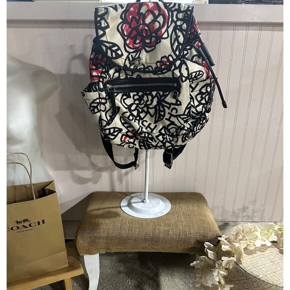 Coach Poppy Floral Black Red Backpack Print Front Zipper Adjustable Straps - Picture 13 of 15